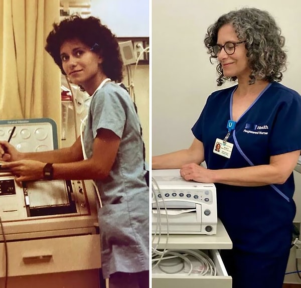 3. Только что вышла на пенсию после 42 лет работы акушерской медсестрой в той же больнице. Здесь я в начале (1979) и в конце моей карьеры