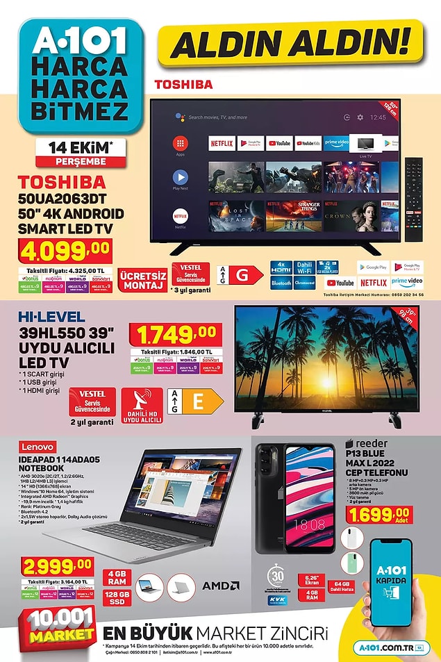 A101'de bu hafta Toshıba 50″ 4K Android Smart Led TV 4,099 TL.