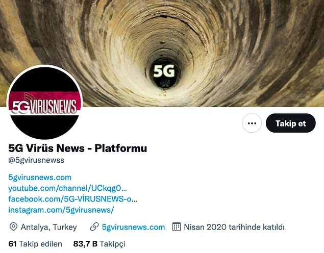 11. Bu hesap da bir platform: 5G Virüs News