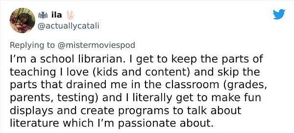 28. "Bir okul kütüphane memuruyum. Öğretmeyi sevdiğim kısımlara sahibim (çocuklar ve içerik) ve sınıfta beni yoran kısımları ise atlıyorum (notlar, ebeveynler, testler)...