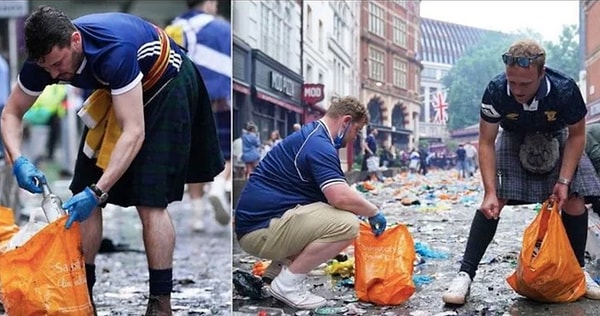17. Şampiyonluk kutlaması sonrasında sokaklardaki temizliğe yardım eden İskoç taraftarlar...