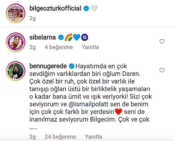 Bennu Gerede'nin Koray Erkaya ile olan evliliğinden dünyaya gelen Daren'in Tarkan'ın eski sevgilisi Bilge Öztürk'le aşk yaşaması magazin gündemine oturdu. Bennu Gerede'nin Bilge Öztürk'e yaptığı yorum ise dikkat çekti.