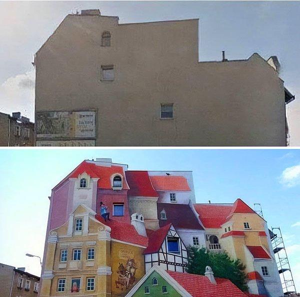 14. Polonya'da renkli bir değişim geçiren bu binanın öncesi ve sonrası: