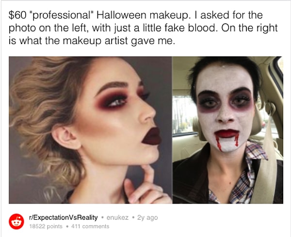 14. Девушка попросила визажиста, обещавшего профессиональный макияж на Хэллоуин, создать образ слева и добавить фейковой крови. Вот результат: