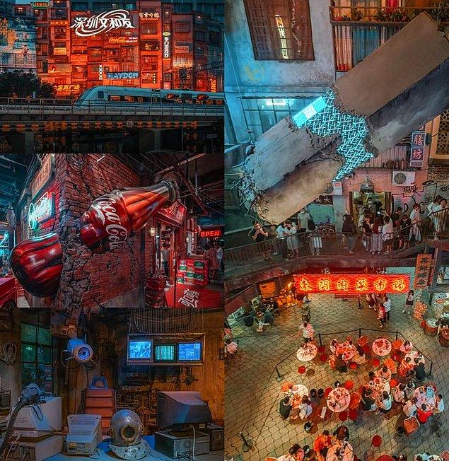 15. Shenzhen'de dekore edilmiş, retro bilim/kurgu temalı bir yemek alanı: