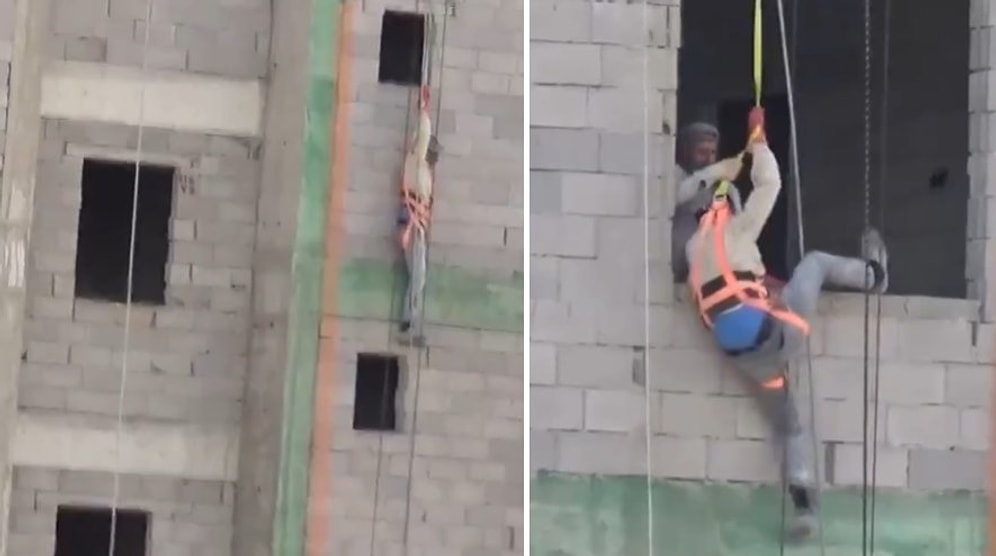 İnşaattan Düşen İşçi Emniyet Halatı Sayesinde Hayata Tutundu, O İşçiyi Diğer İşçiler Kurtardı