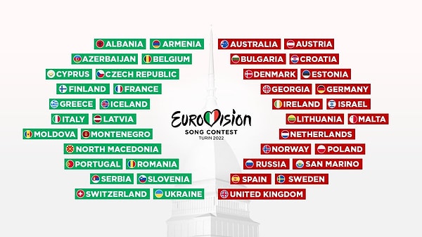 2022 yılında 41 ülkenin katılımıyla gerçekleşecek olan Eurovision'da Türkiye yine yok. Katılacak ülkeler de şu şekilde;