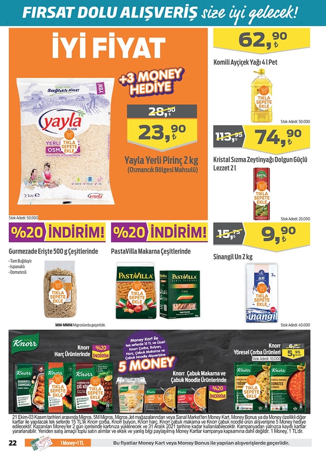 Money Kart ile tek seferde yapacağınız 15 TL ve üzeri Knorr alışverişlerinizde 5 Money puan hediye.