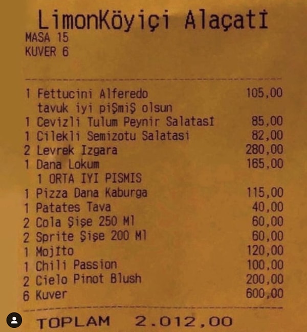 8. Limonköy Alaçatı'nın bu adisyonunda neye bakacağınızı şaşırdıysanız eğer önce kişi başı 100 TL olan kuver ücretine bir bakın derim.