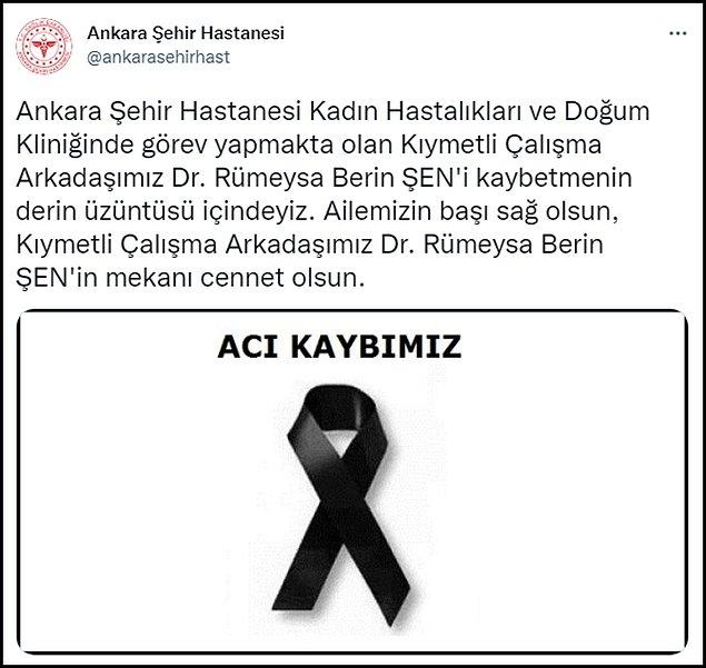 Rümeysa Şen'in görev yaptığı Ankara Şehir Hastanesi de bir taziye paylaşımı yaptı. Bu paylaşım hekimlerin tepkisini çekti. 👇