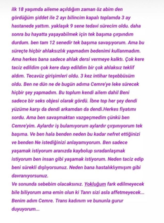 'Trans kadınım ve bununla gurur duyuyorum' diyen Cemre yaşadıklarını bu sözlerle anlatmıştı...