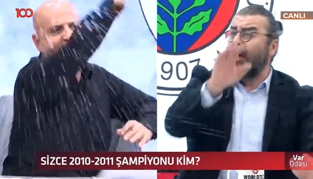 İki yorumcudan Emre Bol, "2010-11 sezonu şampiyonu kimdir, TFF sitesinden aç bak." deyince Oğuz Altay da "Kamu vicdanında o sezonun şampiyonu Trabzonspor'dur. Bileğinin hakkıyla şampiyon olmuştur. Hırsızsınız." diye karşılık verince ortam iyice gerildi, bardaklar havada uçuştu.