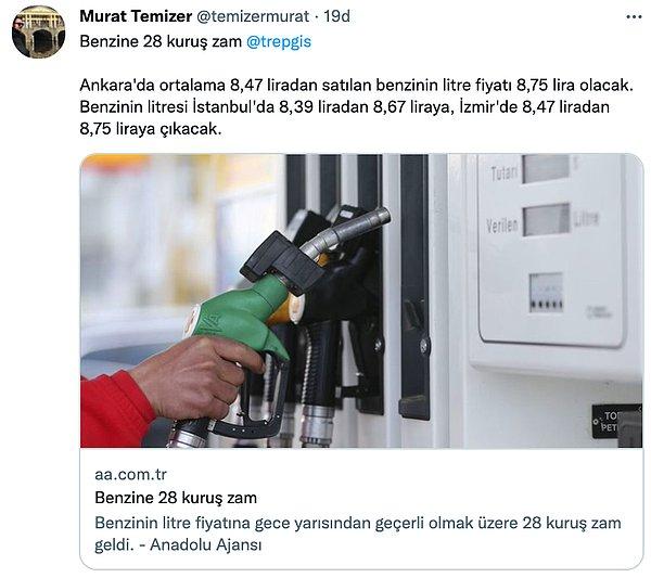 Ankara ve İzmir'de benzinin litresi 8,75 TL'ye dayandı