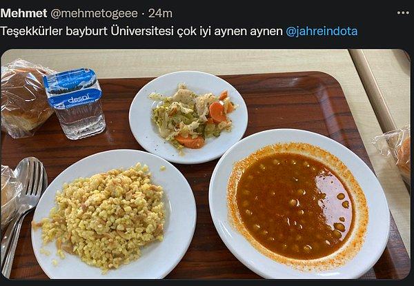 Ünlü yayıncı Jahrein ise kendisine yurt yemekhanelerinden gelen fotoğrafları paylaştı.