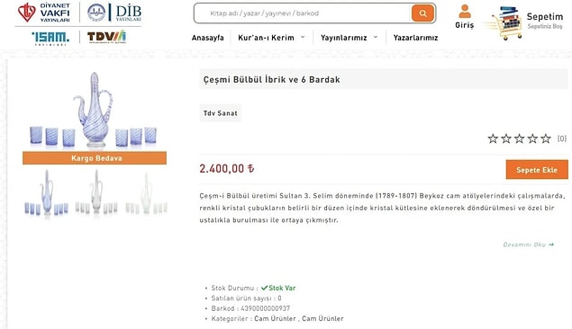 Çeşmi Bülbül İbrik ve 6 bardak 2 bin 400 TL