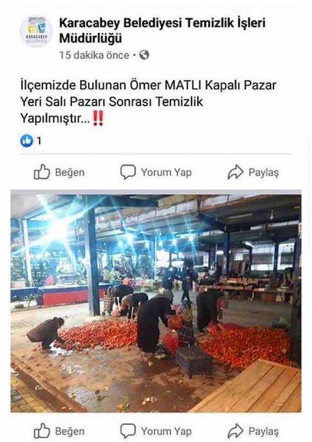 Belediyenin hesabından "İlçemizde bulunan Ömer Matlı Kapalı Pazar Yeri Salı Pazarı sonrası temizlik yapılmıştır"  notuyla pazar artıklarını toplayan vatandaşların fotoğrafı yayınlandı.