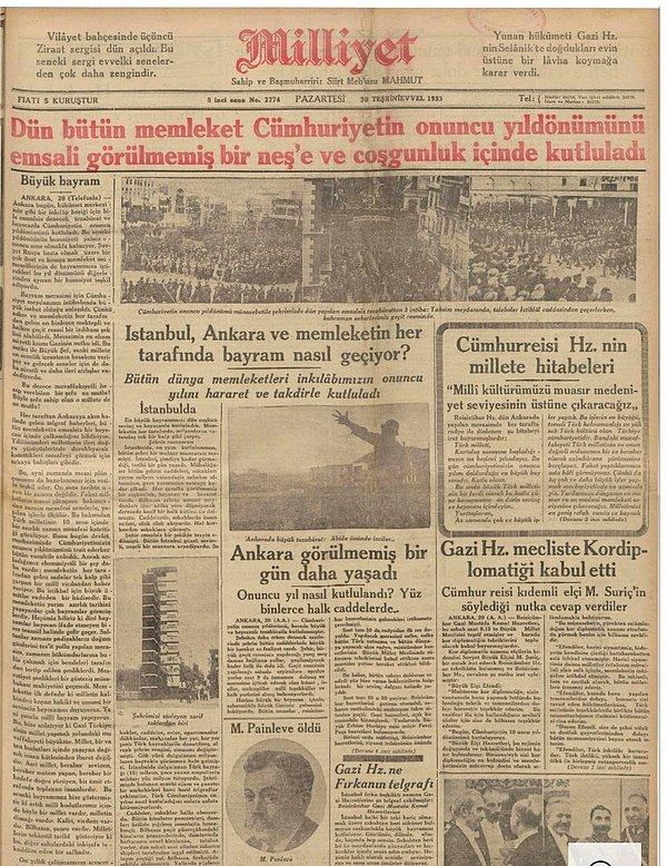 9. Cumhuriyetin 10.yıl kutlamaları Milliyet Gazetesi manşetinde, 1933.