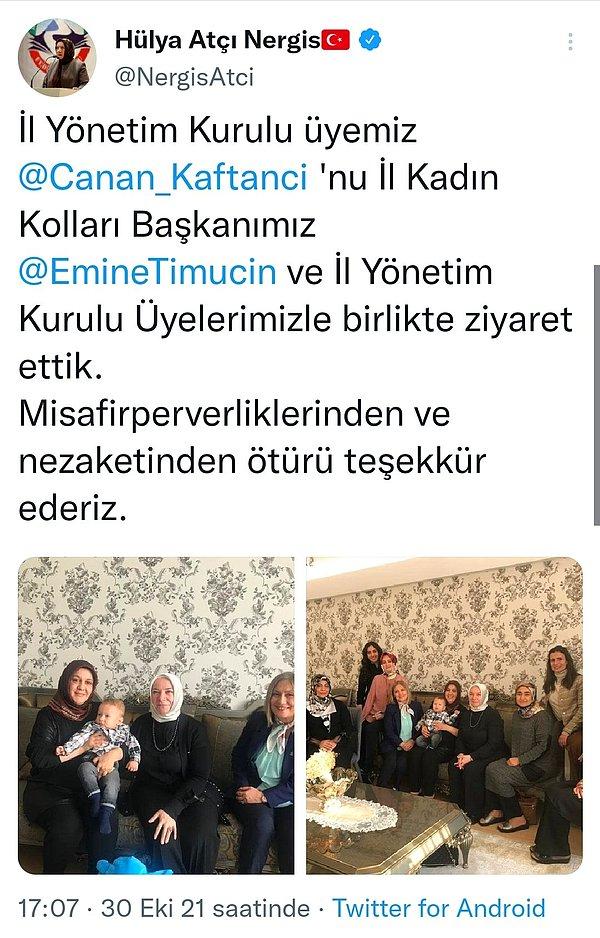 Şimdi de kendisi yine bir Twitter paylaşımıyla gündemde. Nergis, AKP'li Hülya Atçı Nergis, il yönetim kurulu üyesini ziyarete gittiğini belirten paylaşımında yanlışlıkla CHP İstanbul İl Başkanı Canan Kaftancıoğlu'nu etiketleyince ortalık biraz karıştı.