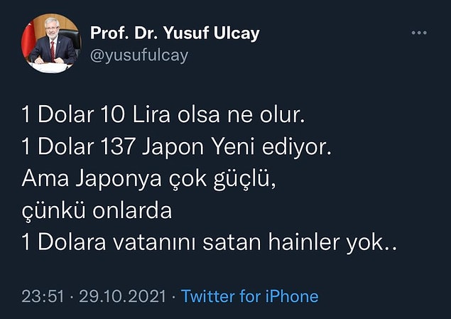 Japonya'nın güçlü olduğunu ancak bir dolara vatanını satan hainlerin olmadığını dile getiren Ulcay'ın TL'nin döviz karşısında değer kaybetmesiyle ilgili yaptığı bu yoruma kısa sürede tepkiler yükseldi.