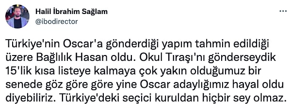 Türkiye'nin Oscar adayının "Bağlılık Hasan" olduğunu duyan kullanıcılardan bazıları ise Ferit Karahan'ın "Okul Tıraşı" adlı filmin olması gerektiğini savundu.
