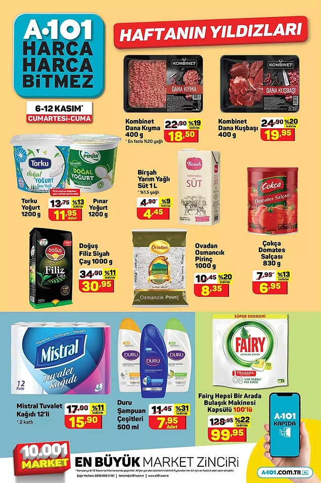 A101'de bu hafta 400 gr Kombinet Dana Kıyma 18,50 TL, 400 gr Dana Kuşbaşı 19,95 TL.