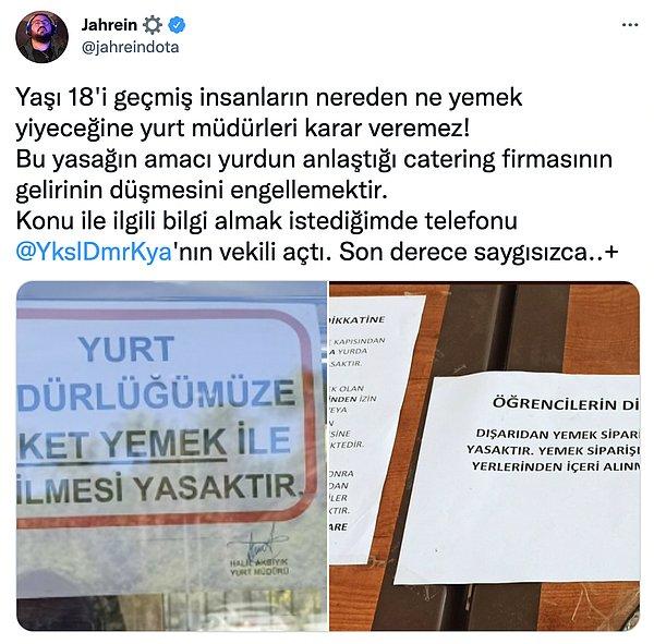 Şimdi de ünlü Twitch yayıncısı Jahrein'in yaptığı paylaşımla devlet yurdunda kalan öğrencilerin dışarıdan yemek siparişi veremedikleri ortaya çıktı.