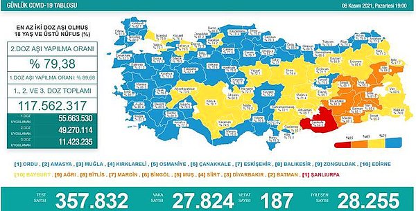 8 Kasım Koronavirüs Tablosu