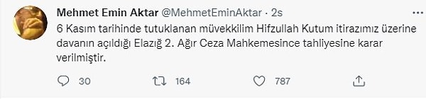 Eski Diyarbakır Barosu Başkanı Mehmet Emin Aktar, tutukluğu yaptıkları itirazı değerlendiren Elazığ 2. Ağır Ceza Mahkemesi’nin Kutum hakkında tahliye kararı verdiğini açıkladı.