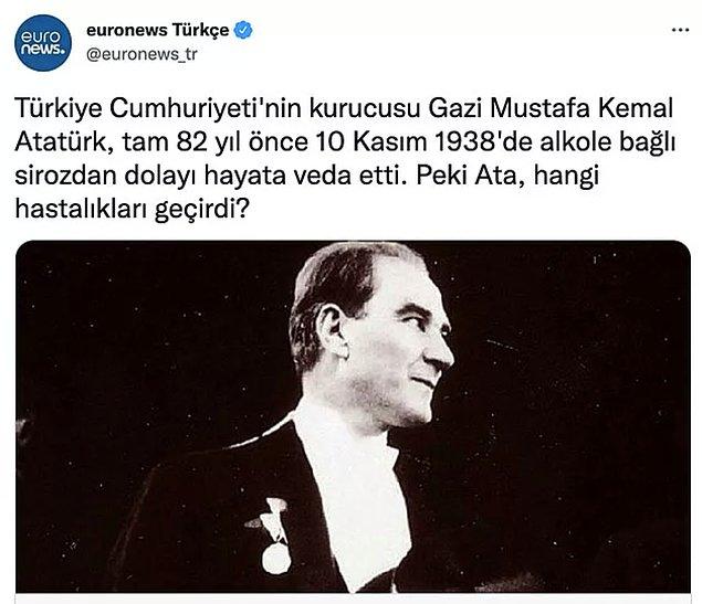 13. euronews Türkçe 10 Kasım'da Mustafa Kemal Atatürk'le ile ilgili bir içerik yayımladı ancak paylaşımdaki bazı ifadeler Twitter kullanıcıları tarafından saygısızca bulundu. Özellikle alkole bağlı siroz ifadeleriyle haber kanalı şimşekleri üzerine çekti.