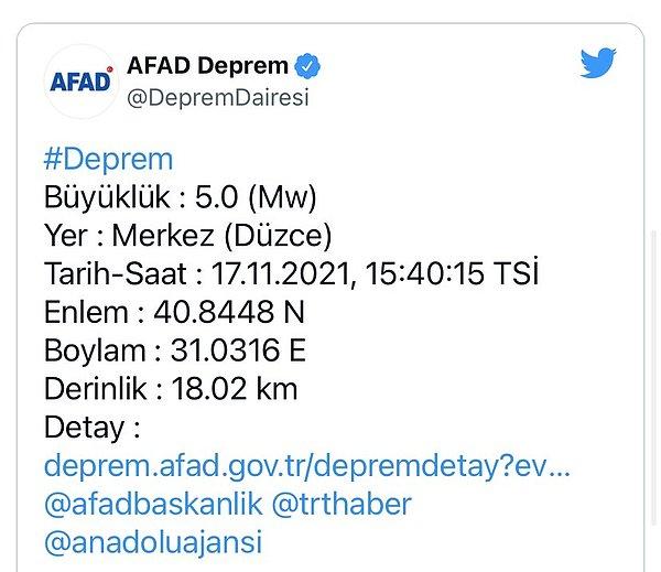 AFAD verilerine göre; saat 15.40'taki depremin derinliği 18.02 kilometre