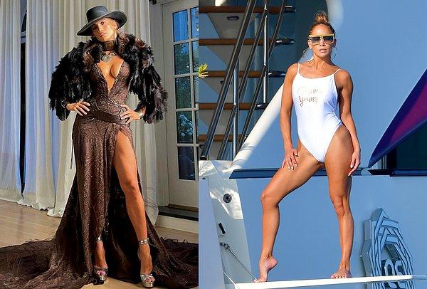 10. Pop müziğinin kraliçelerinden 52 yaşındaki Jennifer Lopez de sağlıklı bacaklarını göz önüne serercesine tek bacağını uzatarak poz veriyor.