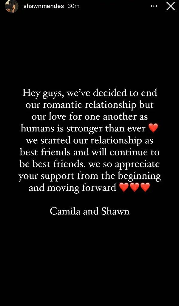 Ayrılık dedikodularını takiben Shawn Instagram hesabından Camilla ile ayrıldığını söyledi...