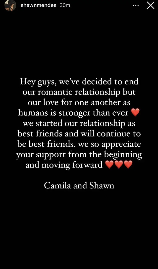 Ayrılık dedikodularını takiben Shawn Instagram hesabından Camilla ile ayrıldığını söyledi...