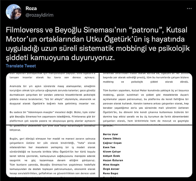 Ancak dün 12 Filmloverss çalışanı kadının sosyal medyada paylaştığı ifşa metni, işin arka planının yoğun bir psikolojik şiddet ve mobbing içerdiğini öne sürüyordu.