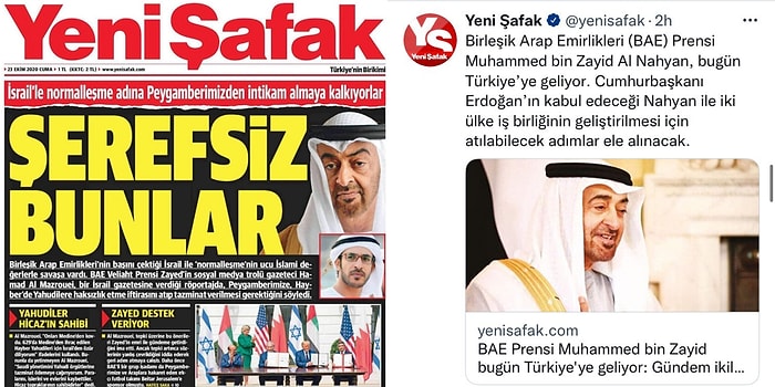 Yeni Şafak Gazetesi'nin Şerefsiz Dediği BAE Prensi Hakkında Yaptığı U Dönüşü Sosyal Medyanın Gündeminde