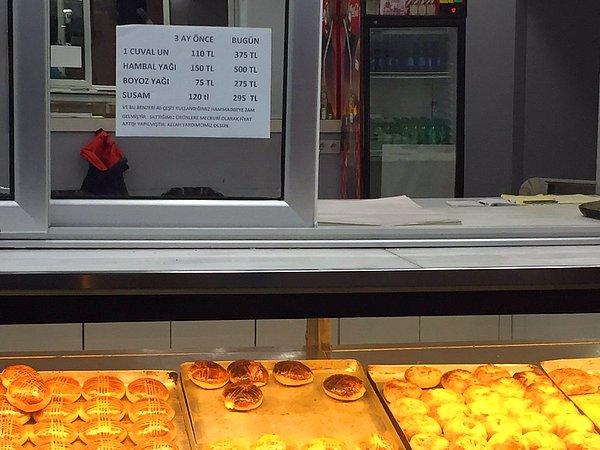 Ürünlere gelen zamlara karşı İzmir'de bir pastaneci ise korkunç maliyet artışını ve bunun neden fiyat artışı olarak döndüğünü camekanına listeledi.
