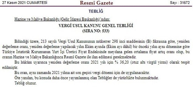 Yüzde 36,2'lik artışa ilişkin Resmi Gazete kararı