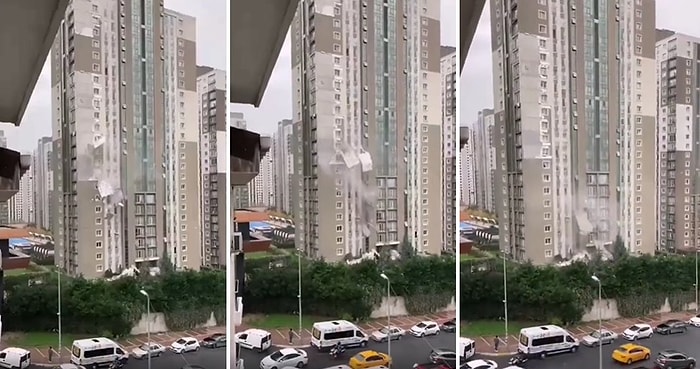 İstanbul'da Şiddetli Lodos Nedeniyle Bir Binanın Dış Kaplamasının Sökülüp Metrelerce Öteye Fırladığı Anlar