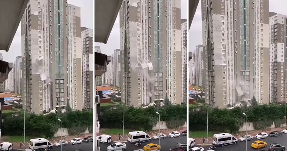 İstanbul'da Şiddetli Lodos Nedeniyle Bir Binanın Dış Kaplamasının Sökülüp Metrelerce Öteye Fırladığı Anlar