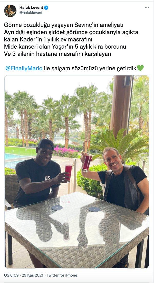 Levent, İtalya ve İngiltere'de oynadığı dönemlerde de evsiz çocuklara destekte bulunan Adana Demirspor oyuncusu Balotelli'nin, AHBAP Derneği aracılığıyla altı aileye yardım yaptığını açıkladı.