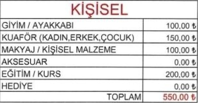 Neyse biz devam edelim; kişisel bakım için ayrılan bütçe 550 TL ancak tabloda ayakkabı gideri için 100 TL ve kişisel hijyen için 100 TL yazılmış. Her ay ayakkabı almıyoruz belki evet, ancak şu andaki ayakkabı fiyatları zaten her ay 100 TL’den fazla ödememize neden oluyor biliyorsunuz ki.