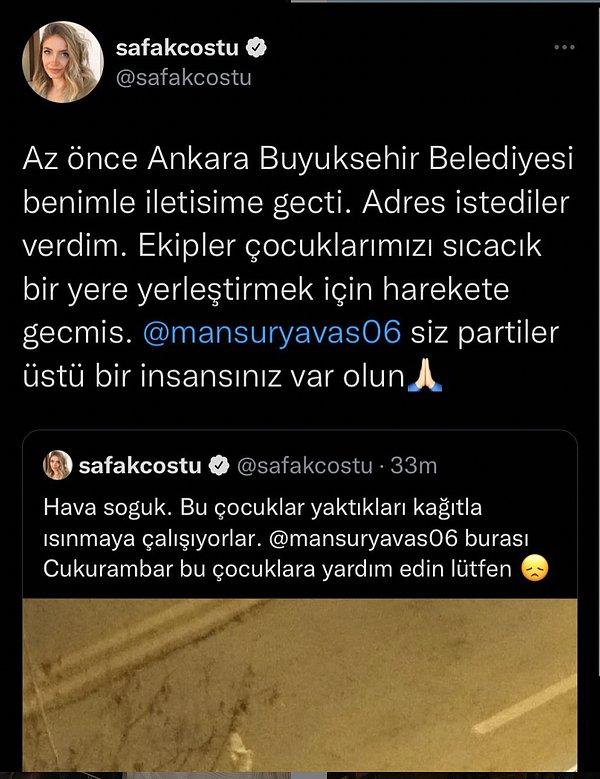 Bu yardım istediğinin ardından da Coştu, Ankara Büyükşehir Belediyesi'nin kendisiyle iletişime geçtiğini ve çocuklarla ilgileneceklerini belirtti. Mansur Yavaş'a da teşekkür etti.