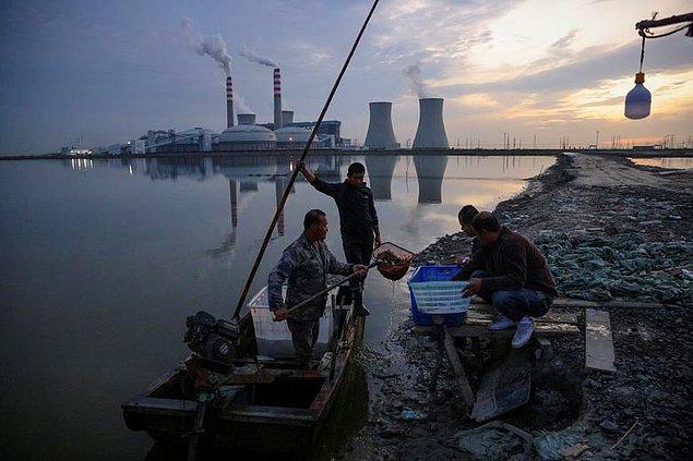 88. Balıkçılar, Çin'in Tianjin dışındaki Devlet Kalkınma ve Yatırım Kurumu'nun elektrik santralinin önündeki bir gölden avlarını getiriyorlar, Thomas Peter.