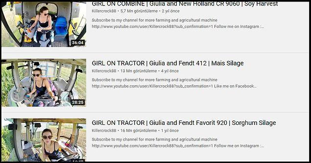 Tarım traktörü Fendt Favorit 920 kullanan Giulia'nın kanalda 3 adet videosu bulunuyor ve toplam izlenmeleri ise 30 milyondan fazla.