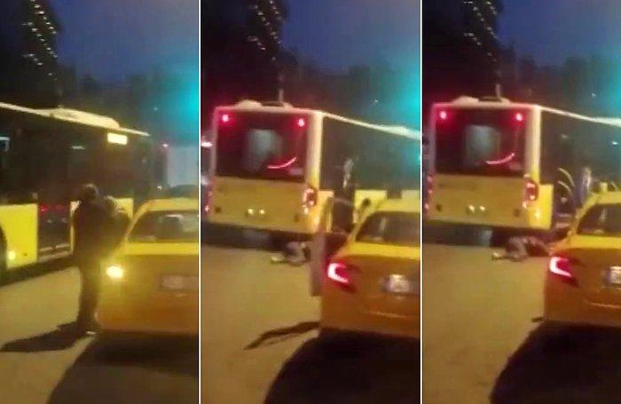 Taksicinin İttiği Kadın Otobüsün Altında Kalmaktan Son Anda Kurtuldu!
