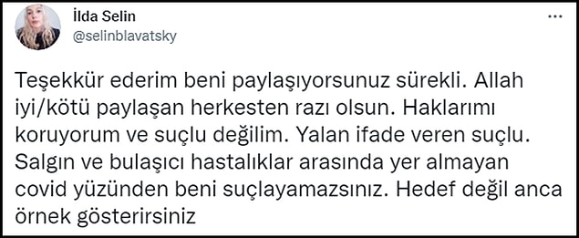 Selin Ş.'nin Twitter paylaşımlarından salgına inanmadığı, aşı ve maske karşıtı olduğu anlaşılıyor. 👇