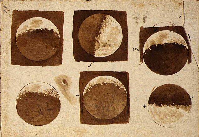 16. Teleskopunda ayı gördükten sonra Galileo Galilei'nin yaptığı ilk çizimler.