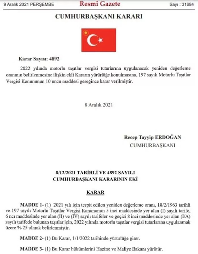 Resmi Gazate'de Alınan MTV Kararı