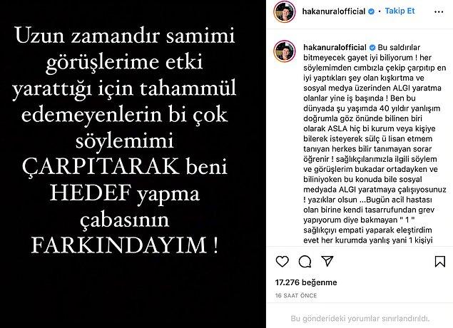 Tepkilerin ardından Instagram hesabından açıklama yapan Hakan Ural, "Her söylemimden cımbızla çekip çarpıtıp en iyi yaptıkları şey olan kışkırtma ve sosyal medya üzerinden algı yaratma olanlar yine iş başında!" diyerek kendini savundu ve özür diledi.