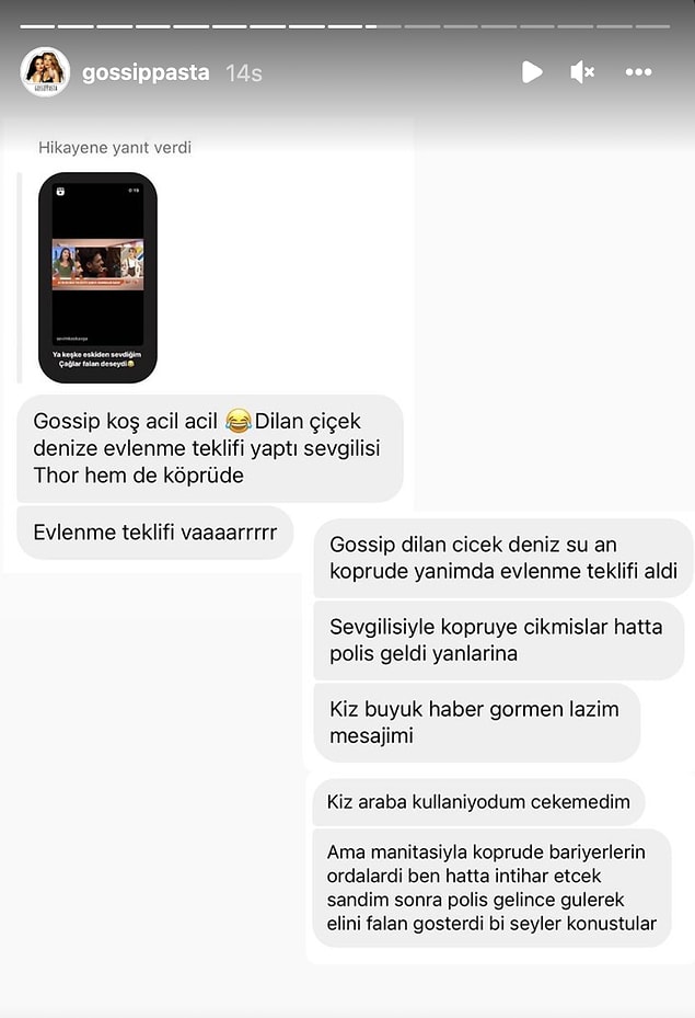 Dün akşam saatlerinde Instagram'ın sevilen magazin hesabı Gossip Pasta, takipçilerinden gelen şu mesajları paylaştı: İddialara göre Dilan Çiçek Deniz, İzlandalı yönetmen sevgilisi Thor Saevarsson'dan evlilik teklifi almıştı...